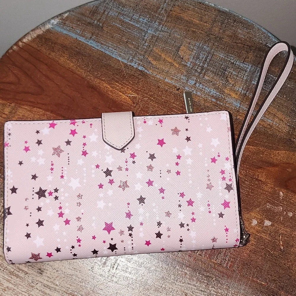 Kate Spade New York Leather Pink Stars Sparkle Wallet Clutch Wristlet